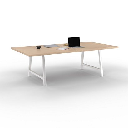 Table de réunion coworking Cohésion L.240 x l.120 cm avec électrification - Chêne pieds arche métal Blanc - 1