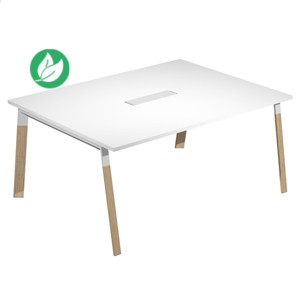 Table de réunion Wood - L.160 x P.120 cm - Trappe d’accès centrale - Plateau blanc - Pieds bois frêne massif