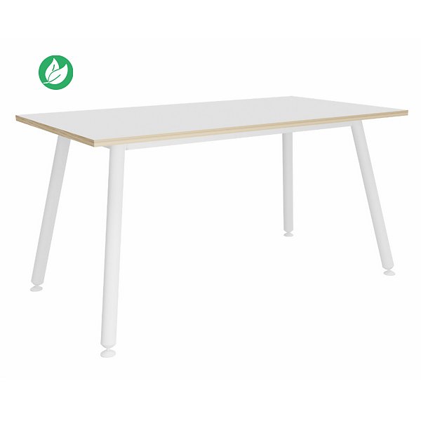 Table rectangulaire Halden - L.140 x P.80 cm - Plateau Blanc bords Chêne - Pieds métal Blanc