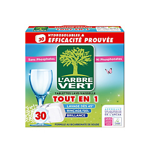 Tablettes de lavage écologiques cycle long L'Arbre Vert Tout en 1, 30 tablettes Tablettes de lavage écologiques cycle long L'Arbre Vert Tout en 1, 30 tablettes