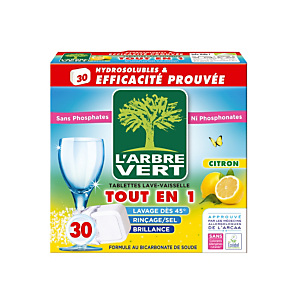 Tablettes de lavage écologiques cycle long L'Arbre Vert Tout en 1 parfum citron, 30 tablettes Tablettes de lavage écologiques cycle long L'Arbre Vert Tout en 1 parfum citron, 30 tablettes