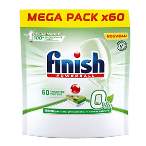 Tablettes lave vaisselle cycle long écologique Finish Powerball 0% tout en 1, 60 tablettes Tablettes lave vaisselle cycle long écologique Finish Powerball 0% tout en 1, 60 tablettes