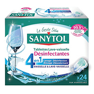 Tablettes lave-vaisselle désinfectantes Sanytol 4 en 1, boîte de 24
