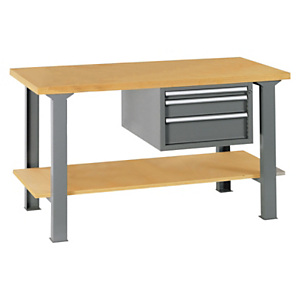 Établi d'atelier en bois avec bloc 3 tiroirs et plateau inférieur Établi d'atelier en bois avec bloc 3 tiroirs et plateau inférieur