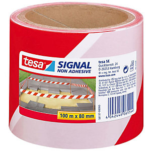 tesa® Cinta de barrera no adhesiva Signal, 80 mm x 100 m, polipropileno, rojo y blanco