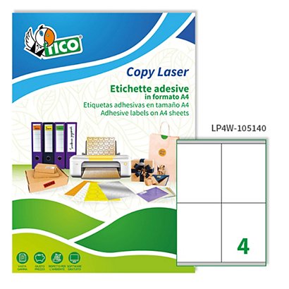 TICO Etichetta adesiva LP4W - permanente - 105x140 mm - 4 etichette per foglio - bianco  - conf. 100 fogli A4 - 1