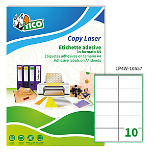TICO Etichetta adesiva LP4W - permanente - 105x57 mm - 10 etichette per foglio - bianco - Tico - conf. 100 fogli A4 TICO Etichetta adesiva LP4W - permanente - 105x57 mm - 10 etichette per foglio - bianco - Tico - conf. 100 fogli A4
