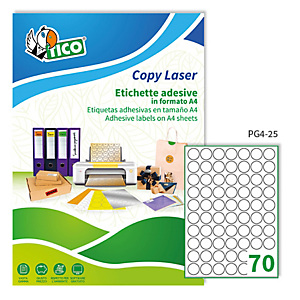 TICO Etichetta adesiva PG4 - permanente - tonda ø 25 mm - 70 etichette per foglio - bianco lucida - Tico - conf. 100 fogli A4 TICO Etichetta adesiva PG4 - permanente - tonda ø 25 mm - 70 etichette per foglio - bianco lucida - Tico - conf. 100 fogli A4