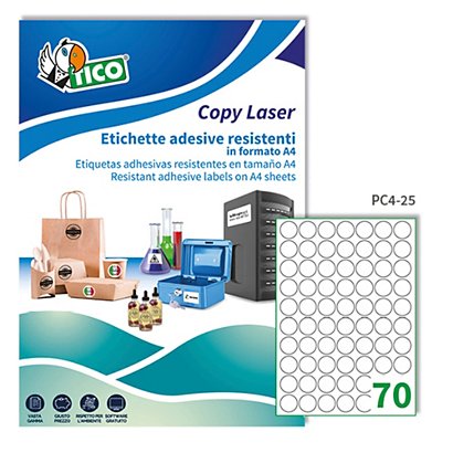 TICO Etichetta in poliestere PC4 - adatta a stampanti laser - permanente - ø 25 mm - 70 etichette per foglio - trasparente - Tico - conf. 100 fogli A4