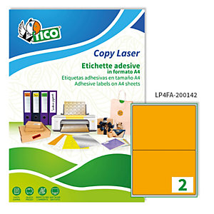 TICO Etichette adesive LP4F - in carta - angoli arrotondati - laser - permanenti - 200 x 142 mm - 2 et/fg - 70 fogli - arancio fluo