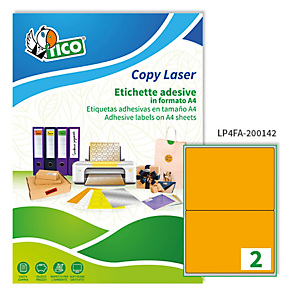TICO Etichette adesive LP4F - in carta - angoli arrotondati - permanenti - 200 x 142 mm - 2 et/fg - 70 fogli - arancio fluo TICO Etichette adesive LP4F - in carta - angoli arrotondati - permanenti - 200 x 142 mm - 2 et/fg - 70 fogli - arancio fluo