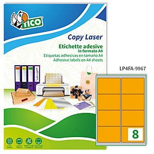 TICO Etichette adesive LP4F - in carta - angoli arrotondati - permanenti - 99,1 x 67,7 mm - 8 et/fg - 70 fogli - arancio fluo TICO Etichette adesive LP4F - in carta - angoli arrotondati - permanenti - 99,1 x 67,7 mm - 8 et/fg - 70 fogli - arancio fluo