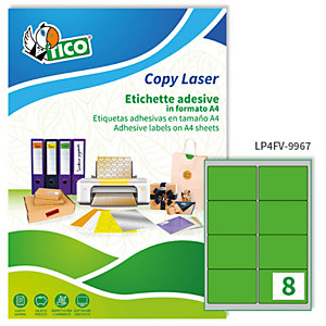 TICO Etichette adesive LP4F - in carta - angoli arrotondati - permanenti - 99,1 x 67,7 mm - 8 et/fg - 70 fogli - verde fluo