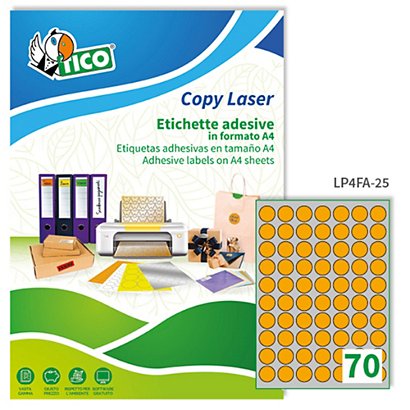TICO Etichette adesive tonde LP4F - in carta - con margini - permanenti - diametro 25 mm - 70 et/fg - 70 fogli - arancio fluo - 1