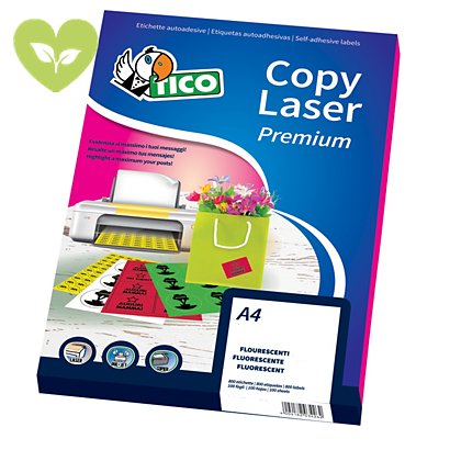 TICO Etichette in carta fluorescente, Per stampanti laser e inkjet, A4, 70 fogli, 1 etichetta per foglio, Giallo Fluo - 1