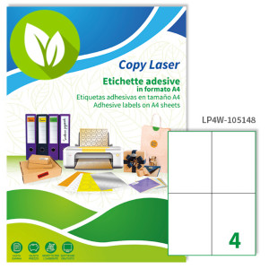 TICO Etiqueta de papel autoadhesiva permanente, 148 x 105 mm, 100 hojas, 4 etiquetas por hoja A4, blanco TICO Etiqueta de papel autoadhesiva permanente, 148 x 105 mm, 100 hojas, 4 etiquetas por hoja A4, blanco