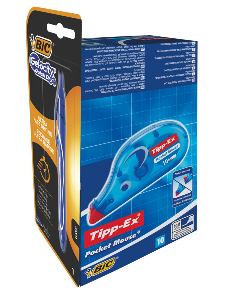 Tipp-Ex Roller de correction Pocket Mouse 4,2mm x 10m Bleu translucide - Pack de 10 rollers + 1 stylo Gel-ocity Quick Dry OFFERT