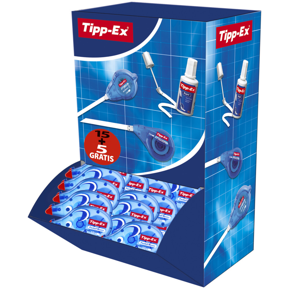 Tipp-Ex Roller de correction Pocket Mouse 4,2mm x 10m Bleu translucide - Pack de 15 + 5 OFFERTS