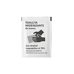 Toallitas hidroalcohólicas en envases individuales, con alcohol isopropílico 70%, caja 500 uds. Toallitas hidroalcohólicas en envases individuales, con alcohol isopropílico 70%, caja 500 uds.