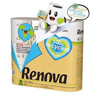Toiletpapier Renova 100% gerecycleerd 3-laags, set van 9 rollen