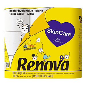 Toiletpapier Renova Skincare, doos van 9 rollen Toiletpapier Renova Skincare, doos van 9 rollen