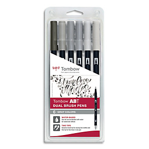 TOMBOW Set 6 ABT Dual Brush Pen, feutre avec pointe fine et pointe pinceau, à base d'eau, couleur gris.