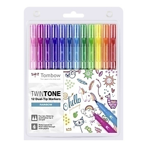 TOMBOW Twintone Rotulador doble punta, dos puntas, colores arco iris surtidos, estuche de 12 TOMBOW Twintone Rotulador doble punta, dos puntas, colores arco iris surtidos, estuche de 12