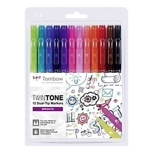 TOMBOW Twintone Rotulador doble punta, dos puntas, colores brillantes surtidos, estuche de 12