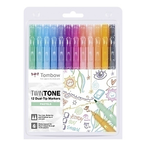 TOMBOW Twintone Rotulador doble punta, dos puntas, colores pastel surtidos, estuche de 12 TOMBOW Twintone Rotulador doble punta, dos puntas, colores pastel surtidos, estuche de 12
