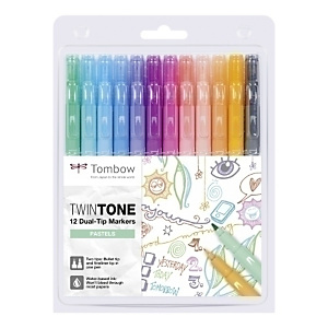 TOMBOW Twintone Rotulador doble punta, dos puntas, colores pastel surtidos, estuche de 12