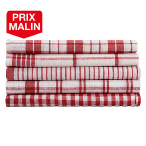 Torchons vaisselle coton 50 x 70 cm 160 g/m2 motifs rouge, lot de 5