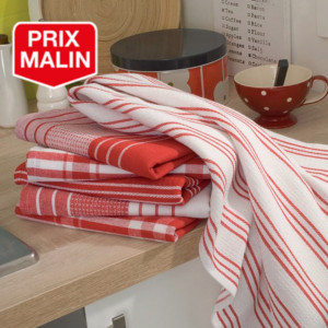 Torchons vaisselle coton 50 x 70 cm 160 g/m2 motifs rouge, lot de 5