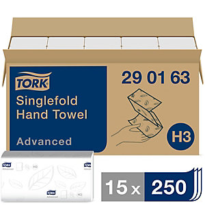 Tork Advanced Singlefold H3, toallita de papel plegado, 2 capas, 250 hojas, en relieve, plegado en Z, 248 mm, blanco
