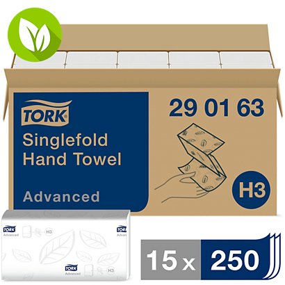 Tork Advanced Singlefold H3, toallita de papel plegado, 2 capas, 250 hojas, en relieve, plegado en Z, 248 mm, blanco - 1