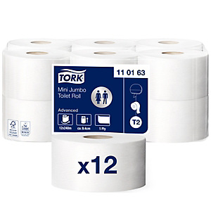 Tork Advanced T2 Mini Jumbo Rollo de papel higiénico, 1 capa, 1714 hojas, blanco Tork Advanced T2 Mini Jumbo Rollo de papel higiénico, 1 capa, 1714 hojas, blanco