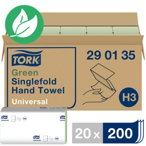 Tork Essuie-mains en papier H3, pli simple, recyclé, vert - Lot 20 packs de 200 essuie-mains