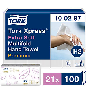 Tork Essuie-mains plié Premium Xpress® Extra Soft H2, double épaisseur, gaufré, enchevêtré, 100 feuilles, 212 mm, blanc