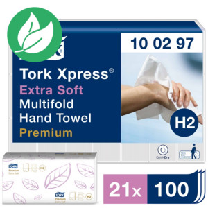 Tork Essuie-mains plié Premium Xpress® Extra Soft H2, double épaisseur, gaufré, enchevêtré, 100 feuilles, 212 mm, blanc
