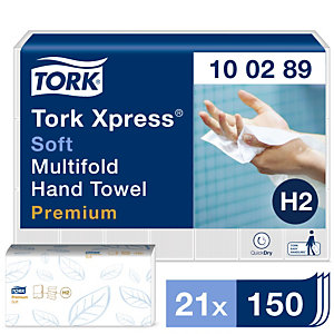 Tork Essuie-mains pliés Premium Xpress® Soft H2, double épaisseur, 150 feuilles, gaufrés, pliage en Z, 212 mm, blanc