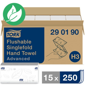 Tork Essuie-mains à pli simple Advanced H3 délitable, pliage en C, double épaisseur, gaufré, 250 feuilles, 230 mm, blanc