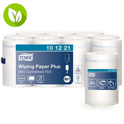 Tork Mini M1 Wiping Paper Plus Toallitas de limpieza, 2 capas, 214 hojas, en relieve, reciclado, 215 mm, blanco - 1