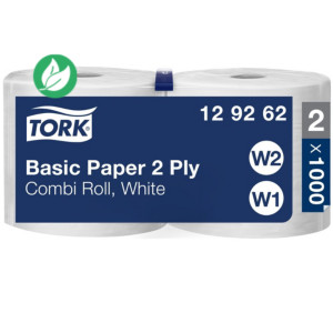 Tork Papier d'essuyage double épaisseur multi-usages W1/2 blanc - 129262 - Lot de 2 bobines de 340 m Tork Papier d'essuyage double épaisseur multi-usages W1/2 blanc - 129262 - Lot de 2 bobines de 340 m