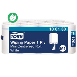 Tork Papier d'essuyage M1 Mini blanc à dévidage central - 100130 - Lot de 11 bobines de 120 m Tork Papier d'essuyage M1 Mini blanc à dévidage central - 100130 - Lot de 11 bobines de 120 m