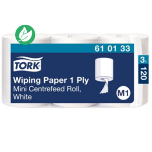 Tork Papier d'essuyage mains et surfaces M1 blanc à dévidage central - 610133 - Lot de 3 bobines de 120 m Tork Papier d'essuyage mains et surfaces M1 blanc à dévidage central - 610133 - Lot de 3 bobines de 120 m