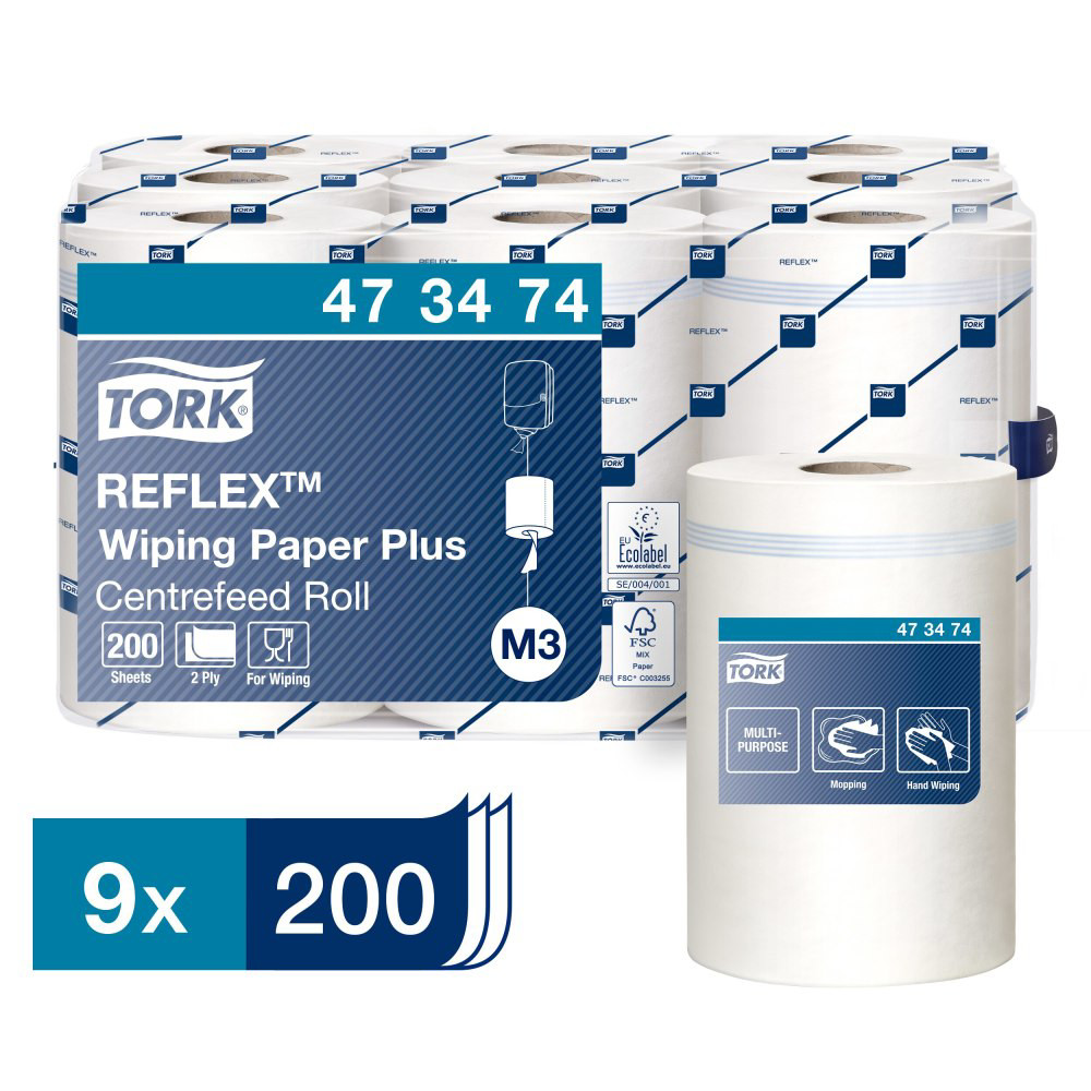 Tork papier d'essuyage Mini Reflex M3 recyclé, double épaisseur, bobine de 200 feuilles, 194 mm, blanc - Lot de 9
