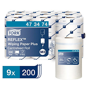 Tork papier d'essuyage Mini Reflex M3 recyclé, double épaisseur, bobine de 200 feuilles, 194 mm, blanc - Lot de 9