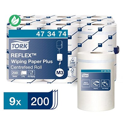 Tork papier d'essuyage Mini Reflex M3 recyclé, double épaisseur, bobine de 200 feuilles, 194 mm, blanc - Lot de 9 - 1