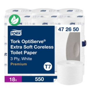 Tork Papier toilette OptiServe - T7- Rouleau de 550 feuilles - 3 plis - Sans mandrin Premium - Blanc - 472650 - Carton de 18 rouleaux Tork Papier toilette OptiServe - T7- Rouleau de 550 feuilles - 3 plis - Sans mandrin Premium - Blanc - 472650 - Carton de 18 rouleaux