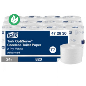 Tork Papier toilette OptiServe - T7- Rouleau de 820 feuilles - 2 plis - Sans mandrin Advanced - Blanc - 472630 - Carton de 24 rouleaux Tork Papier toilette OptiServe - T7- Rouleau de 820 feuilles - 2 plis - Sans mandrin Advanced - Blanc - 472630 - Carton de 24 rouleaux