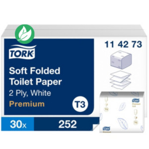 Tork Papier-toilette plié Premium T3 Soft double épaisseur 252 feuilles pliage en Z 110 mm Blanc - lot de 30 paquets
